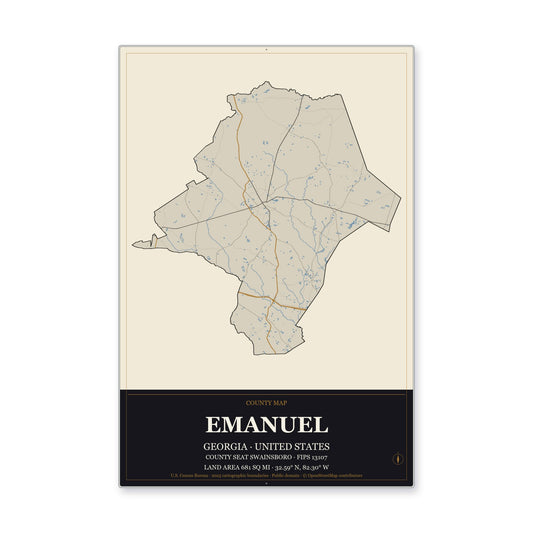 Emanuel County, Georgia Map Aluminum Sign in Museum Plaque style