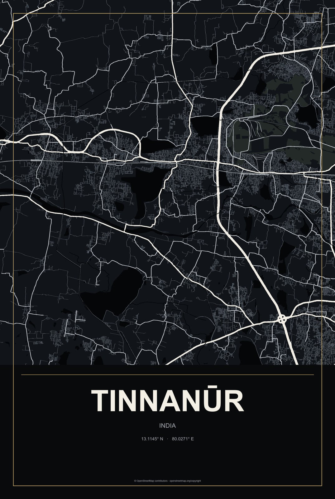 Tinnanūr, India City Map Aluminum Sign in Metropolitan Noir style