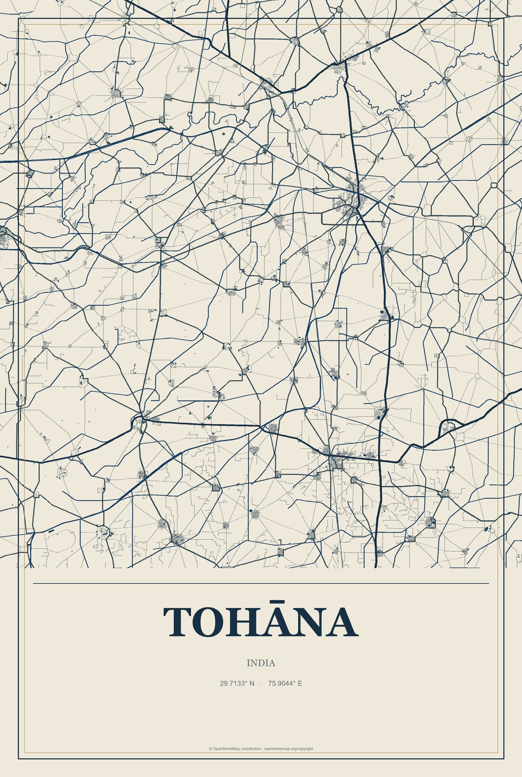 Tohāna, India City Map Aluminum Sign in Coastal Cutout style