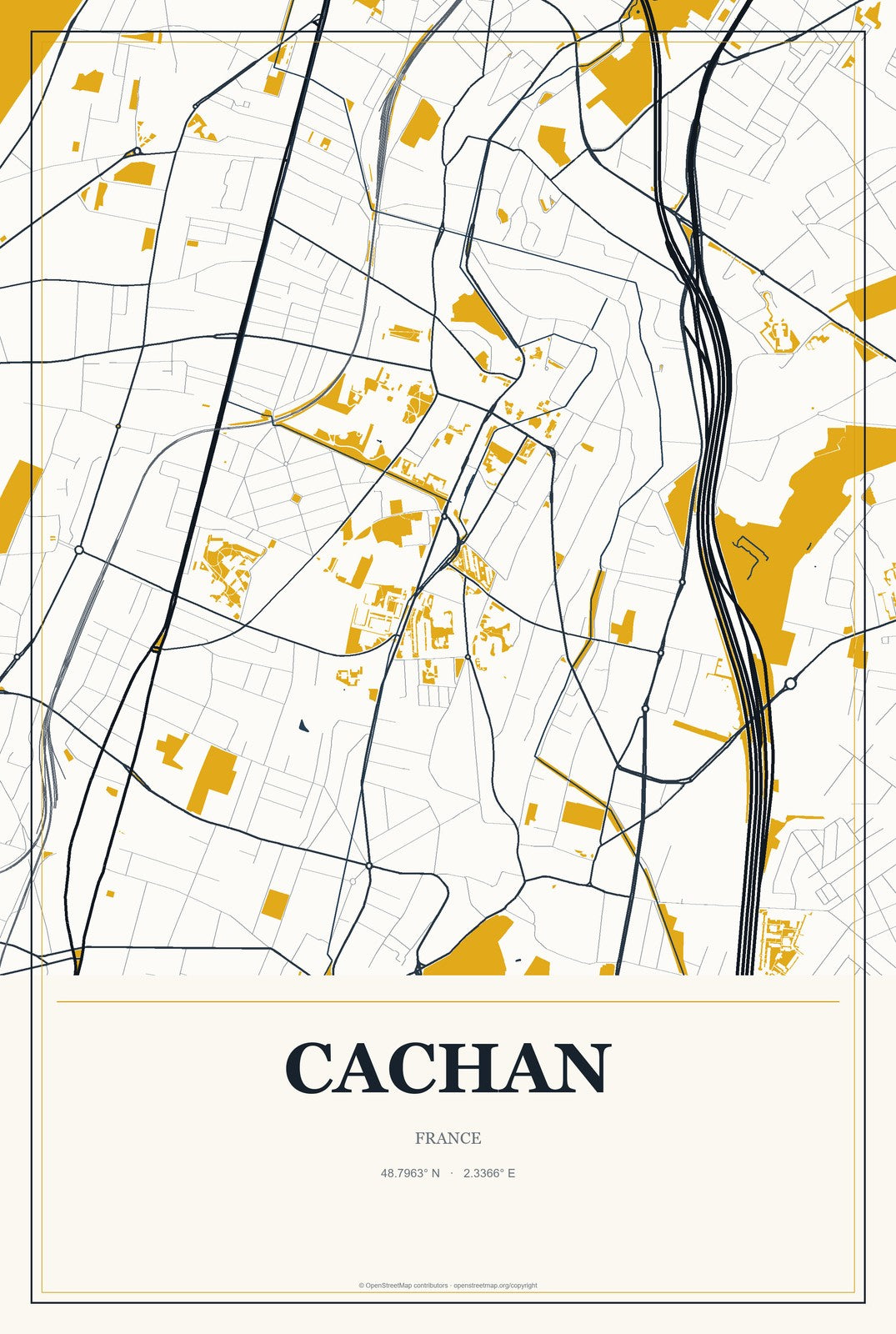 Cachan, France City Map Aluminum Sign in Citrine Modern style