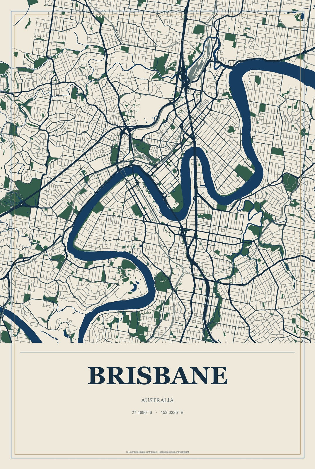 Brisbane, Australia City Map Aluminum Sign in Coastal Cutout style