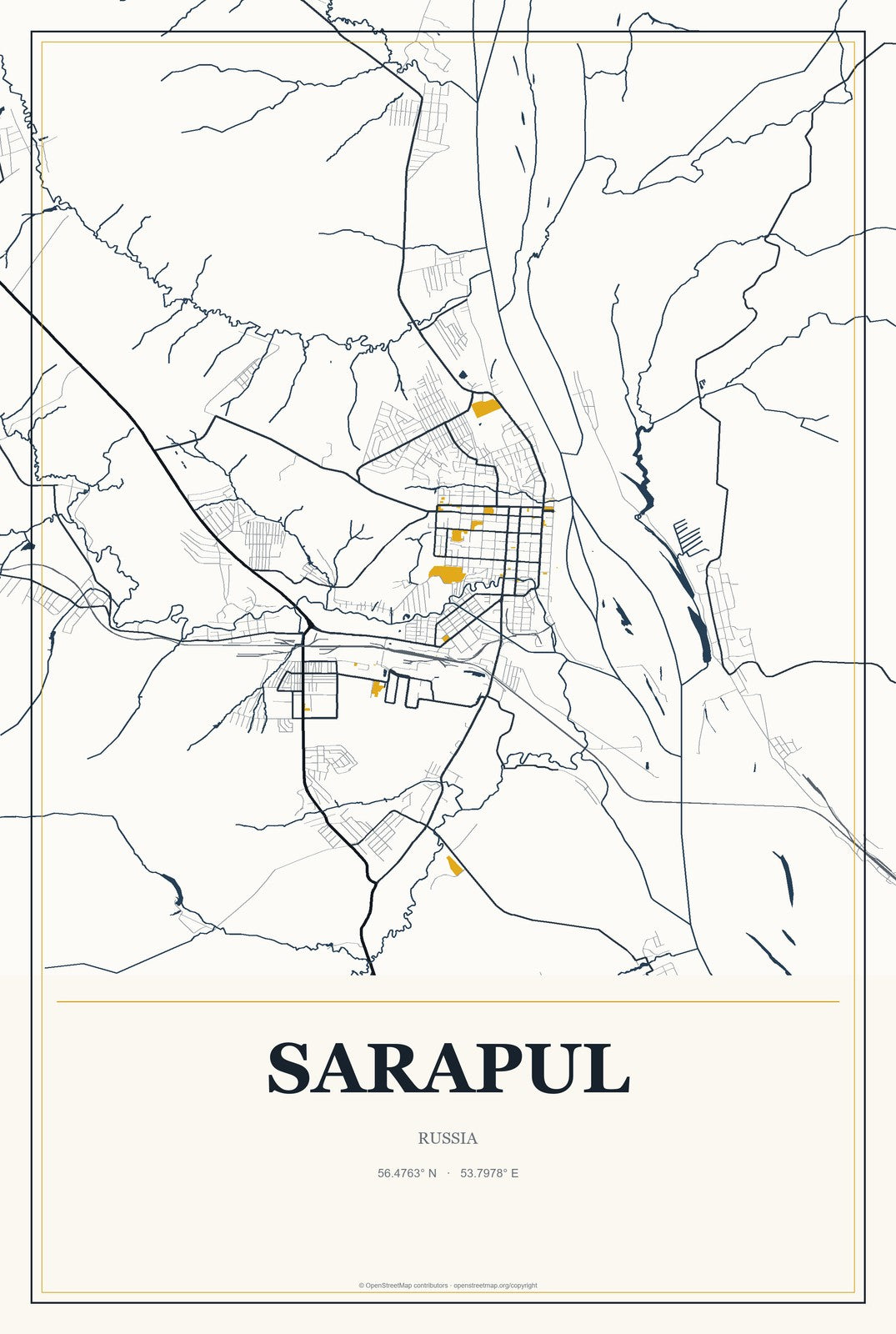Sarapul, Russia City Map Aluminum Sign in Citrine Modern style