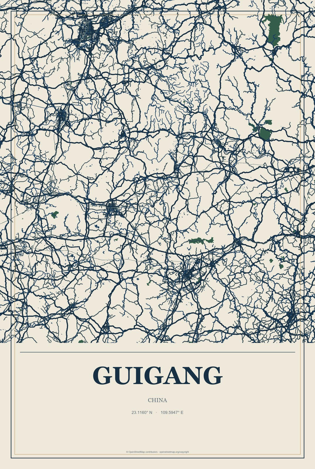 Guigang, China City Map Aluminum Sign in Coastal Cutout style