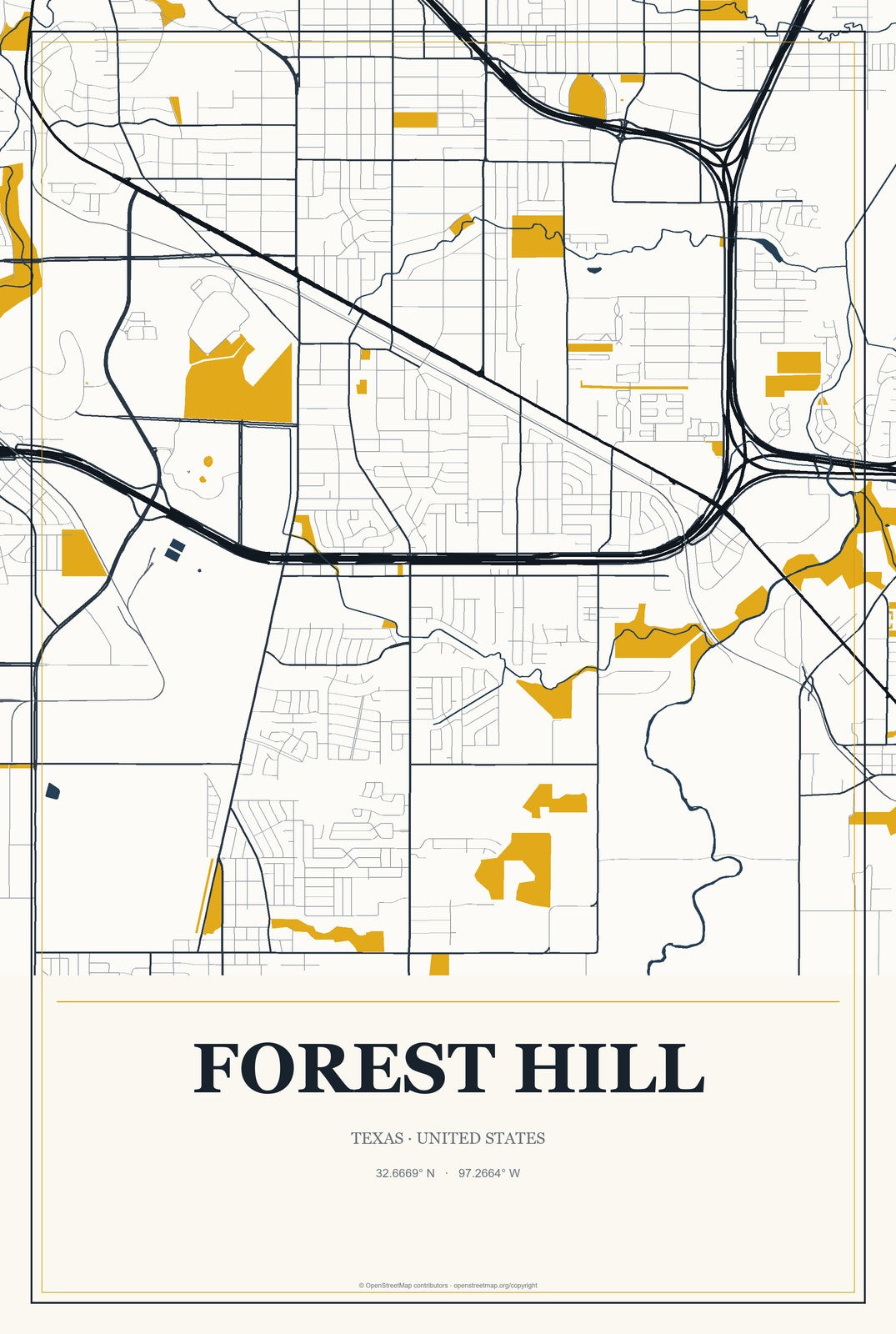 Forest Hill, Texas City Map Aluminum Sign in Citrine Modern style