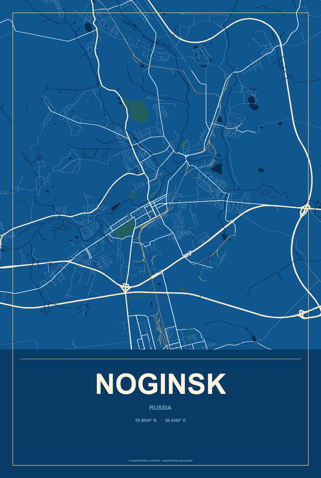 Noginsk, Russia City Map Aluminum Sign in Harbor Cobalt style