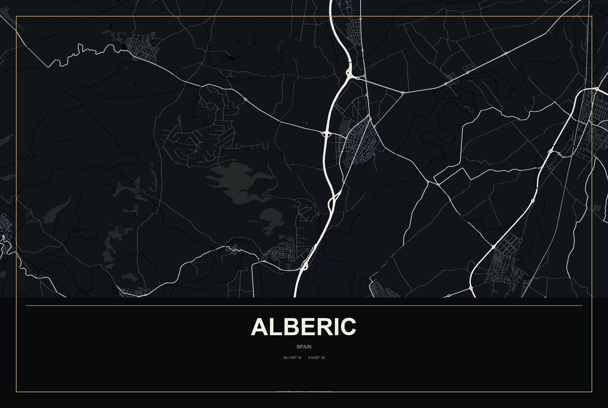 Alberic, Spain City Map Aluminum Sign in Metropolitan Noir style