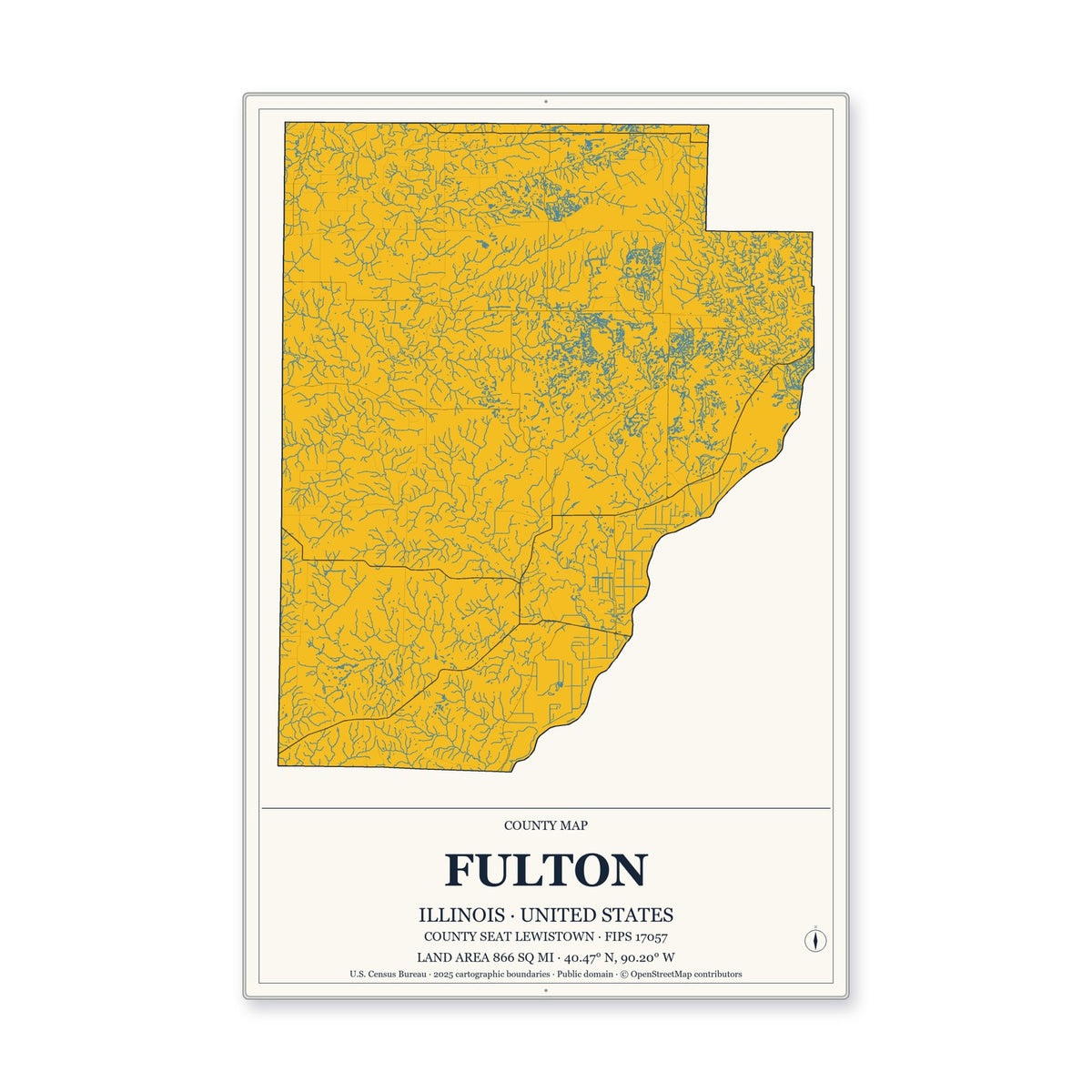 Fulton County, Illinois Map Aluminum Sign in Citrine Modern style
