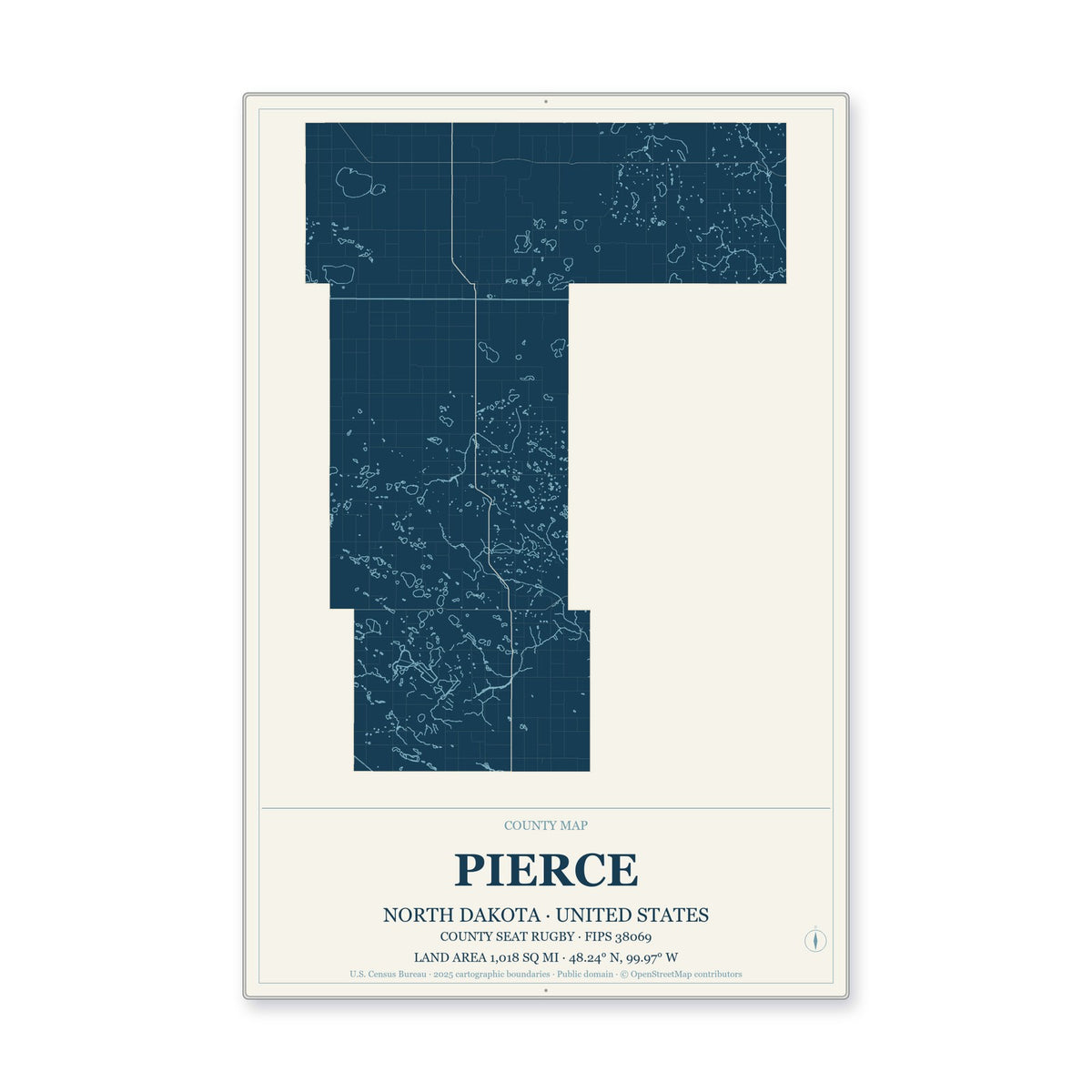 Pierce County, North Dakota Map Aluminum Sign in Coastal Cutout style