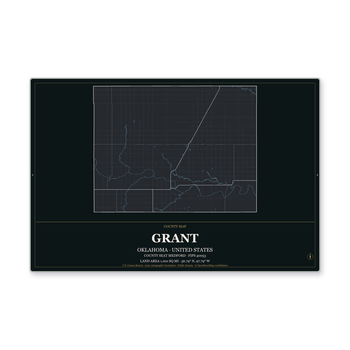 Grant County, Oklahoma Map Aluminum Sign in Metropolitan Noir style