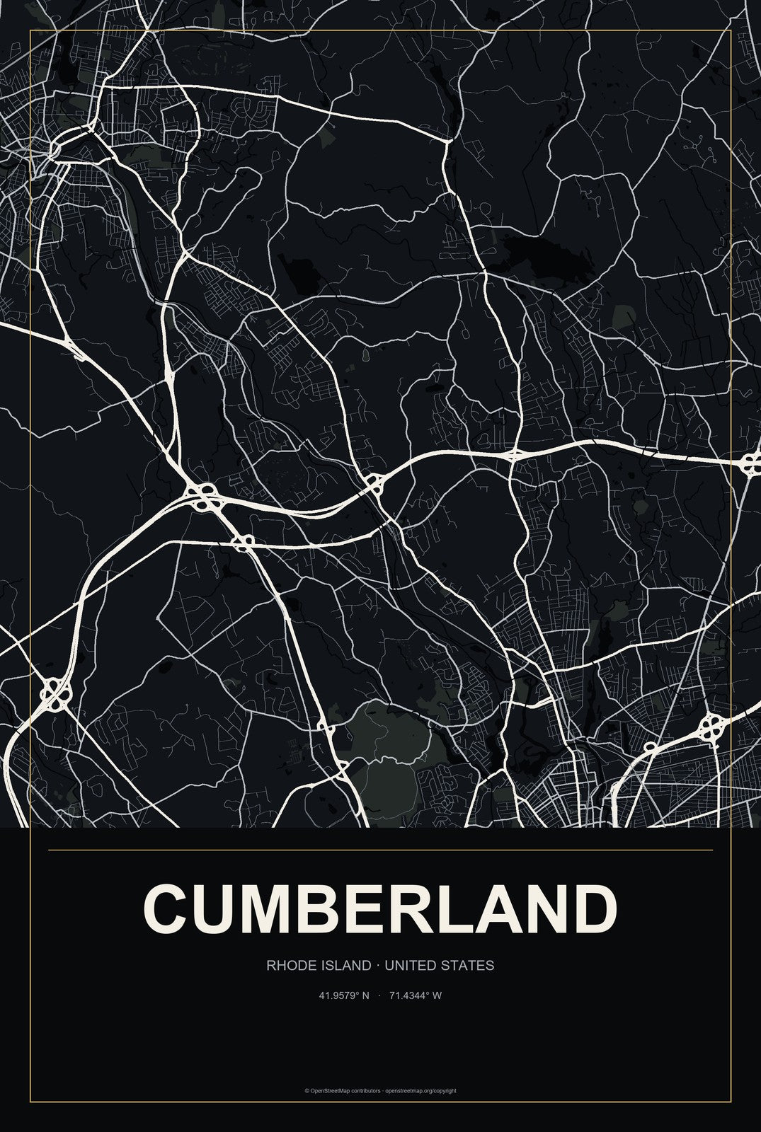 Cumberland, Rhode Island City Map Aluminum Sign in Metropolitan Noir style