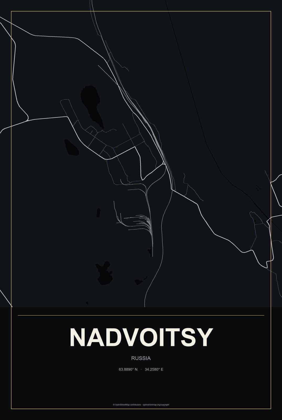 Nadvoitsy, Russia City Map Aluminum Sign in Metropolitan Noir style