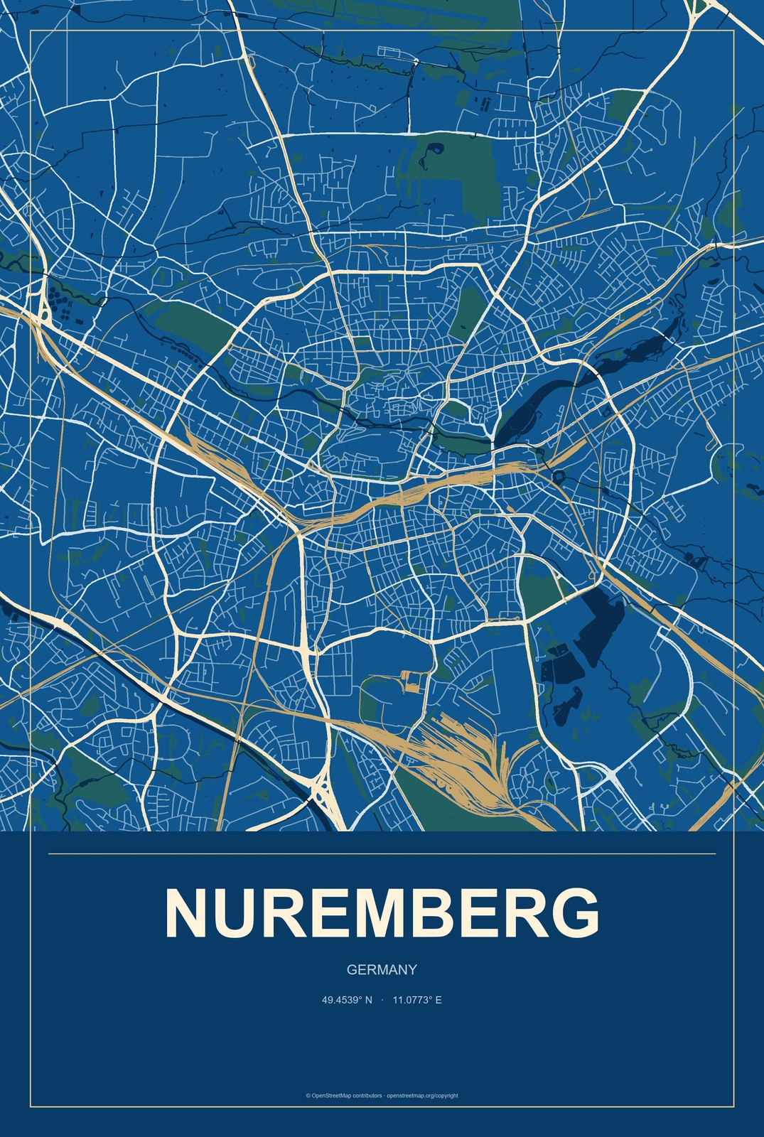 Nuremberg, Germany City Map Aluminum Sign in Harbor Cobalt style