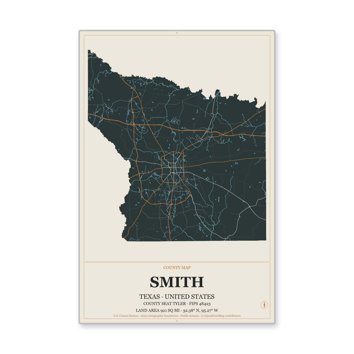 Smith County, Texas Map Aluminum Sign in Headline Atlas style