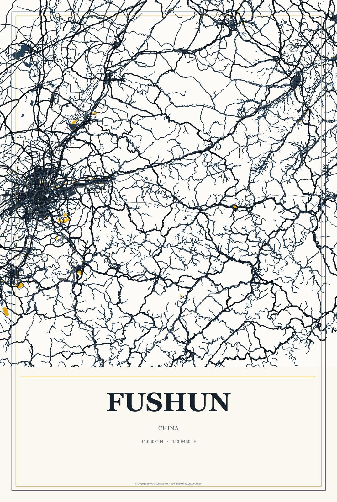 Fushun, China City Map Aluminum Sign in Citrine Modern style