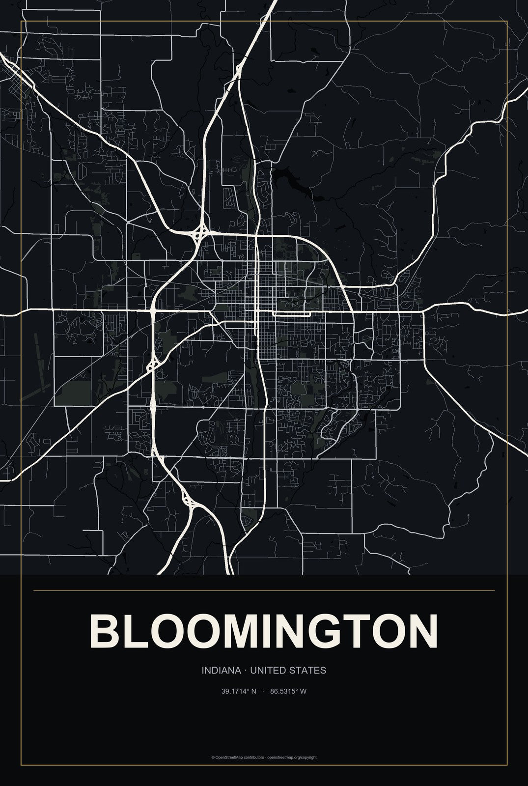 Bloomington, Indiana City Map Aluminum Sign in Metropolitan Noir style