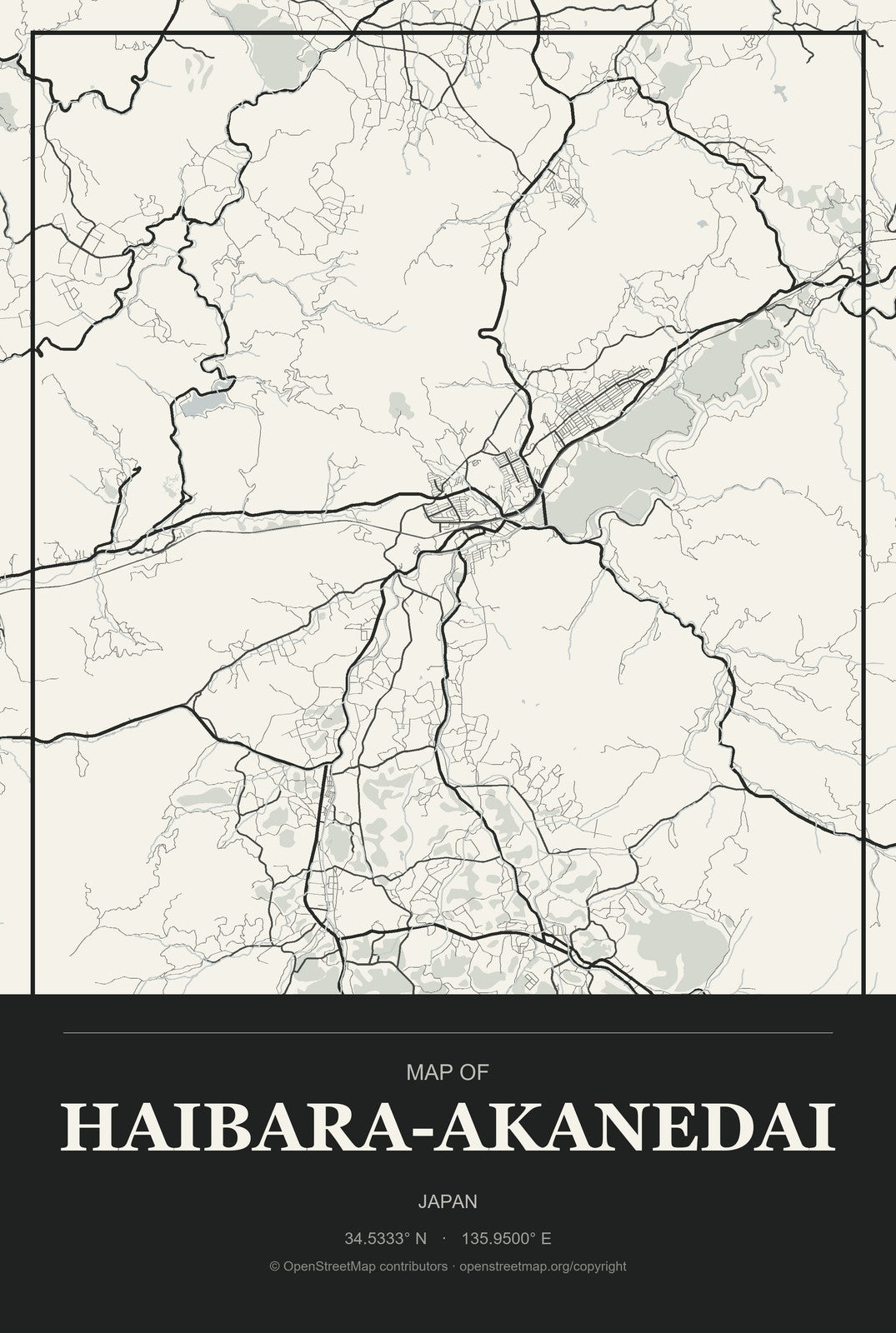 Haibara-akanedai, Japan City Map Aluminum Sign in Museum Plaque style