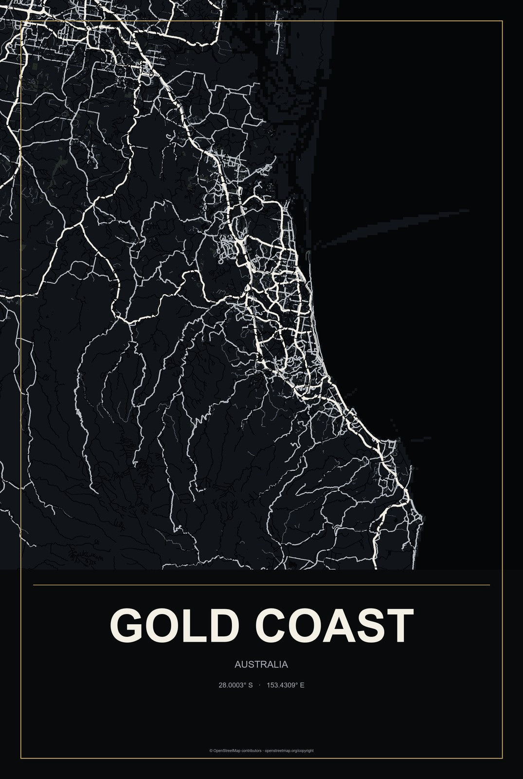 Gold Coast, Australia City Map Aluminum Sign in Metropolitan Noir style