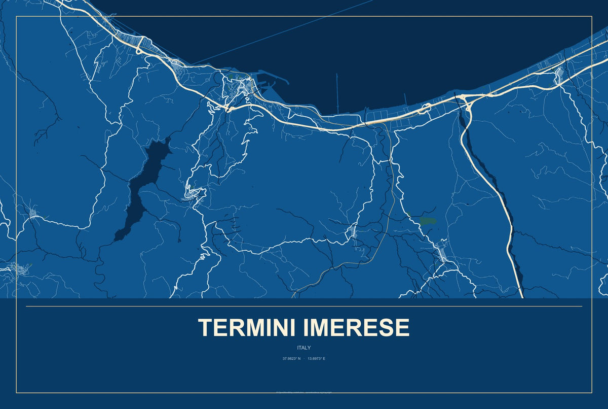 Termini Imerese, Italy City Map Aluminum Sign in Harbor Cobalt style
