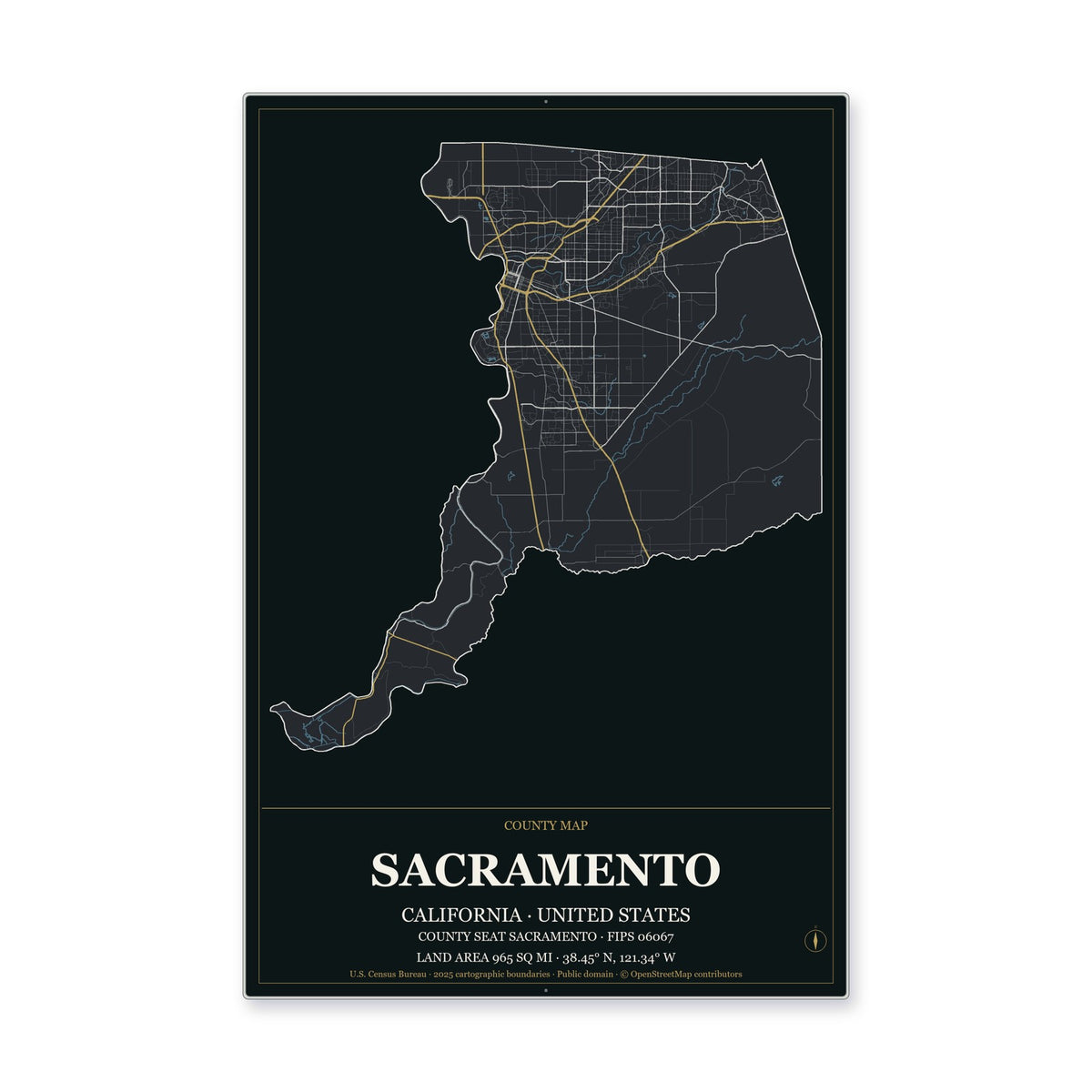 Sacramento County, California Map Aluminum Sign in Metropolitan Noir style