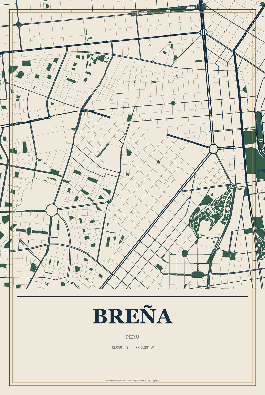 Breña, Peru City Map Aluminum Sign in Coastal Cutout style