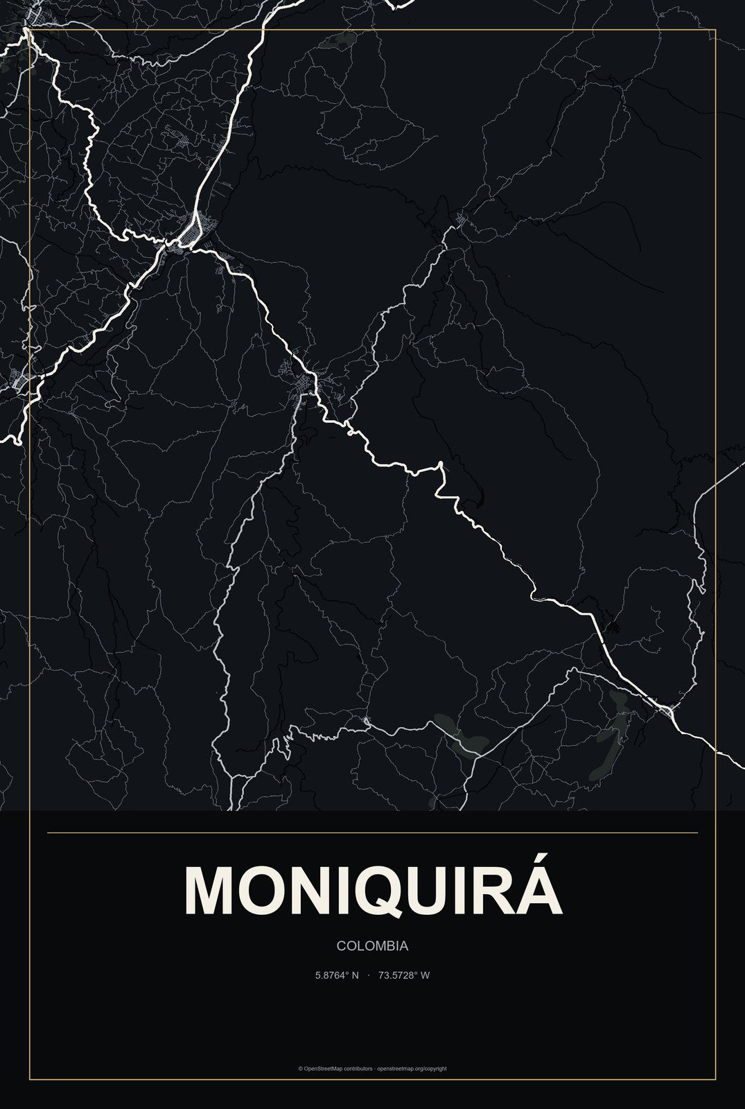 Moniquirá, Colombia City Map Aluminum Sign in Metropolitan Noir style