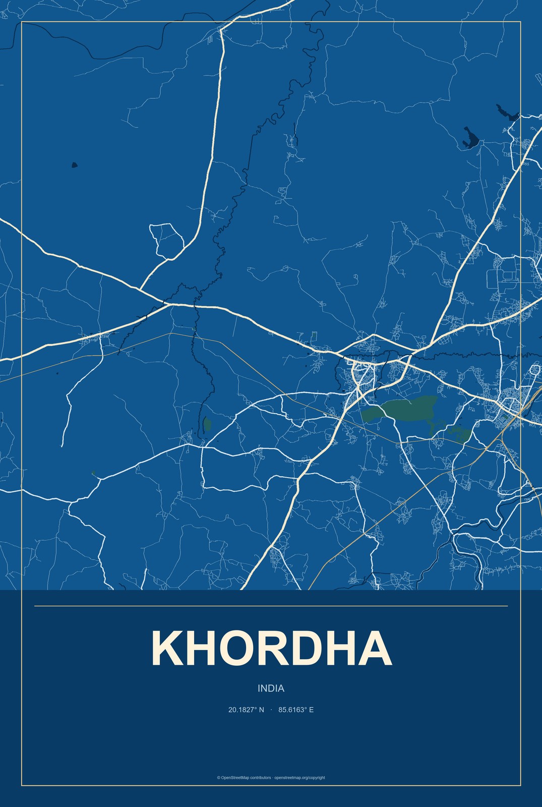 Khordha, India City Map Aluminum Sign in Harbor Cobalt style