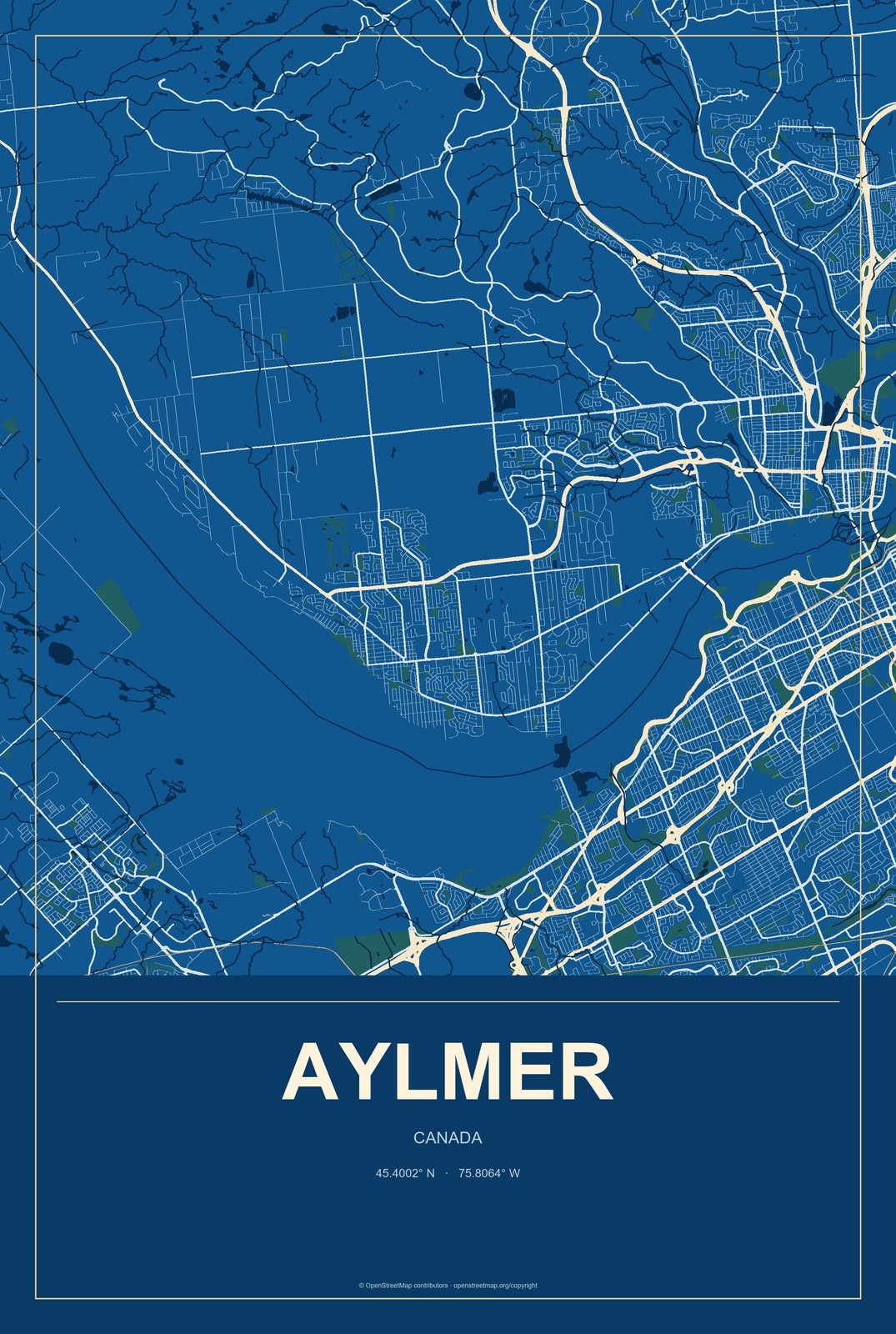 Aylmer, Canada City Map Aluminum Sign in Harbor Cobalt style