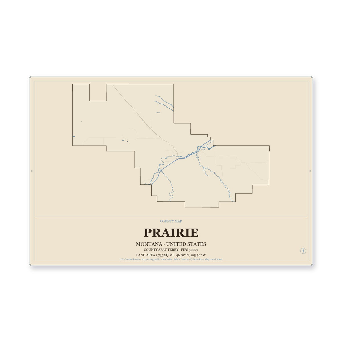 Prairie County, Montana Map Aluminum Sign in Heritage Nautical style