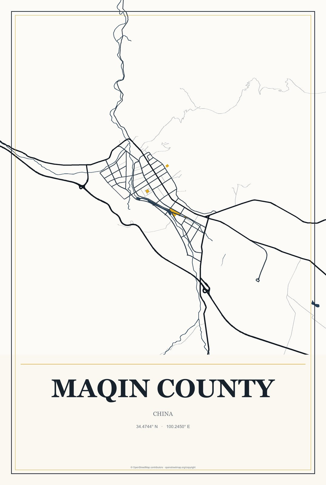 Maqin County, China City Map Aluminum Sign in Citrine Modern style