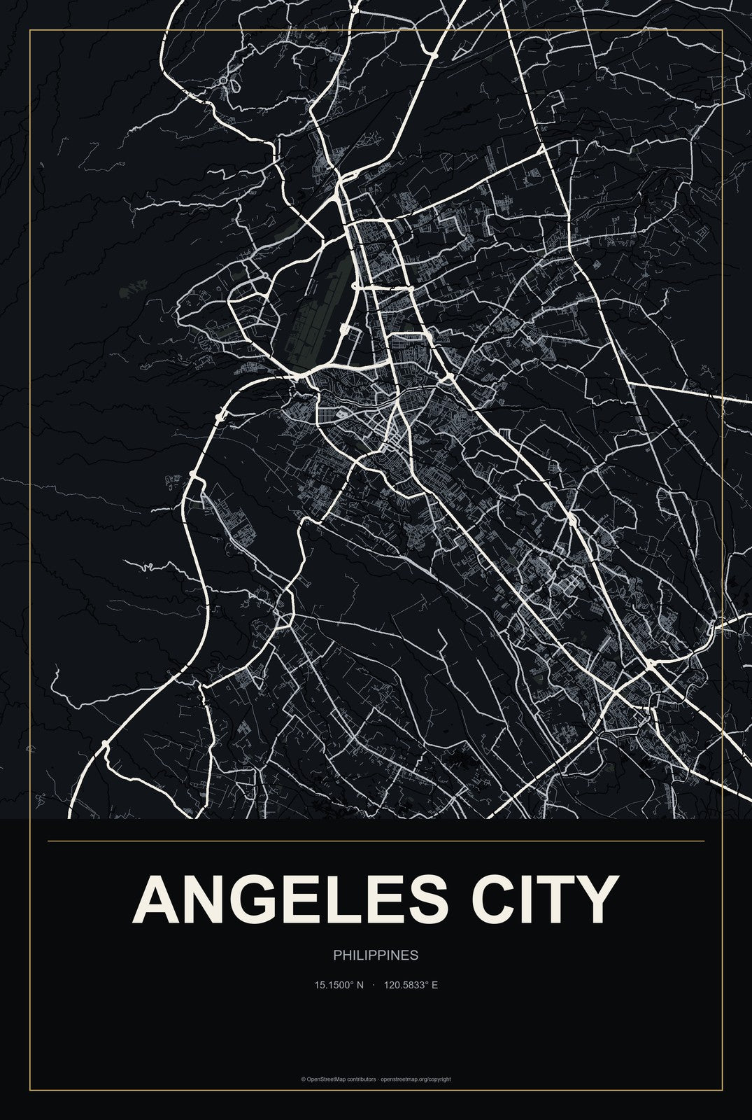 Angeles City, Philippines City Map Aluminum Sign in Metropolitan Noir style
