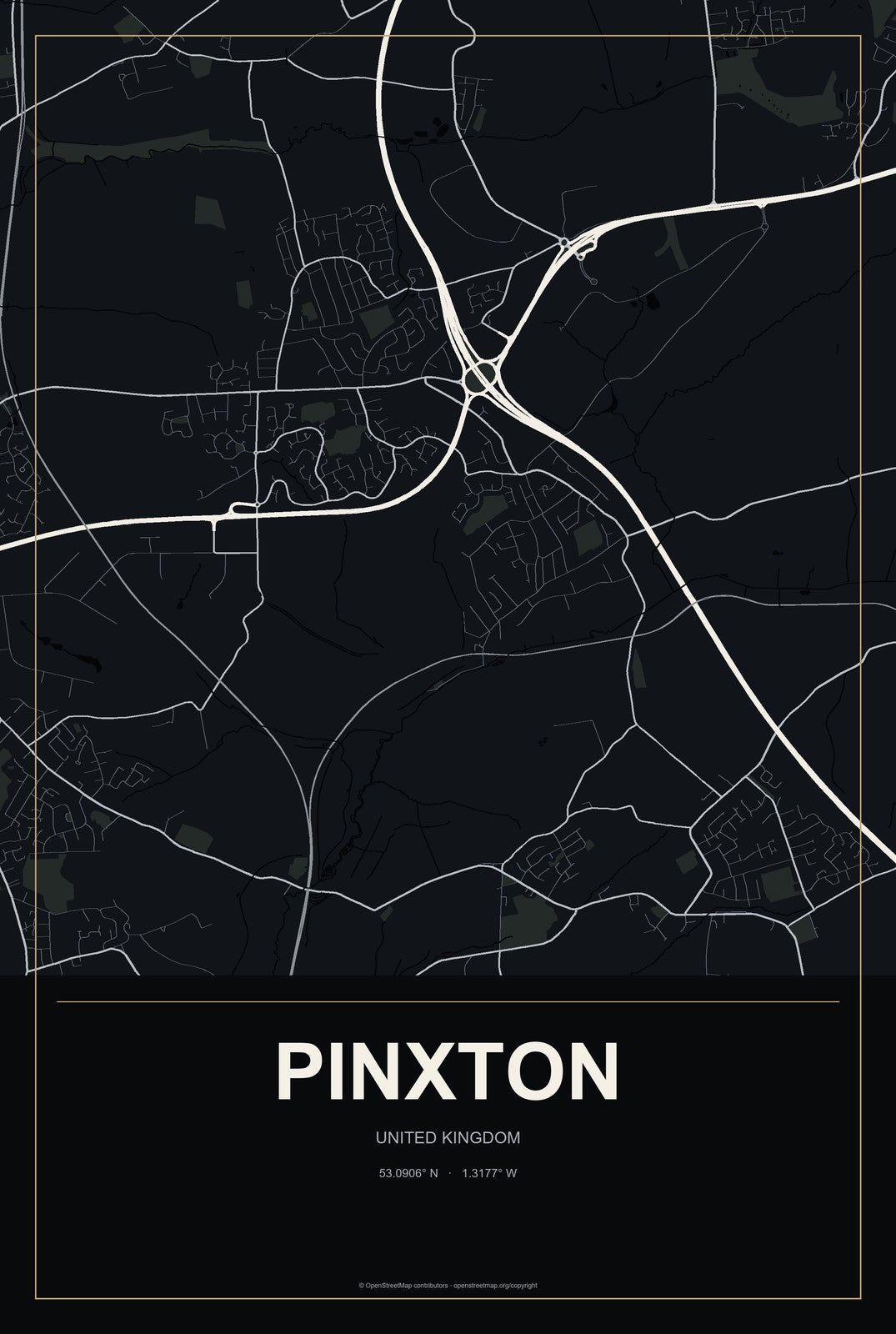 Pinxton, United Kingdom City Map Aluminum Sign in Metropolitan Noir style
