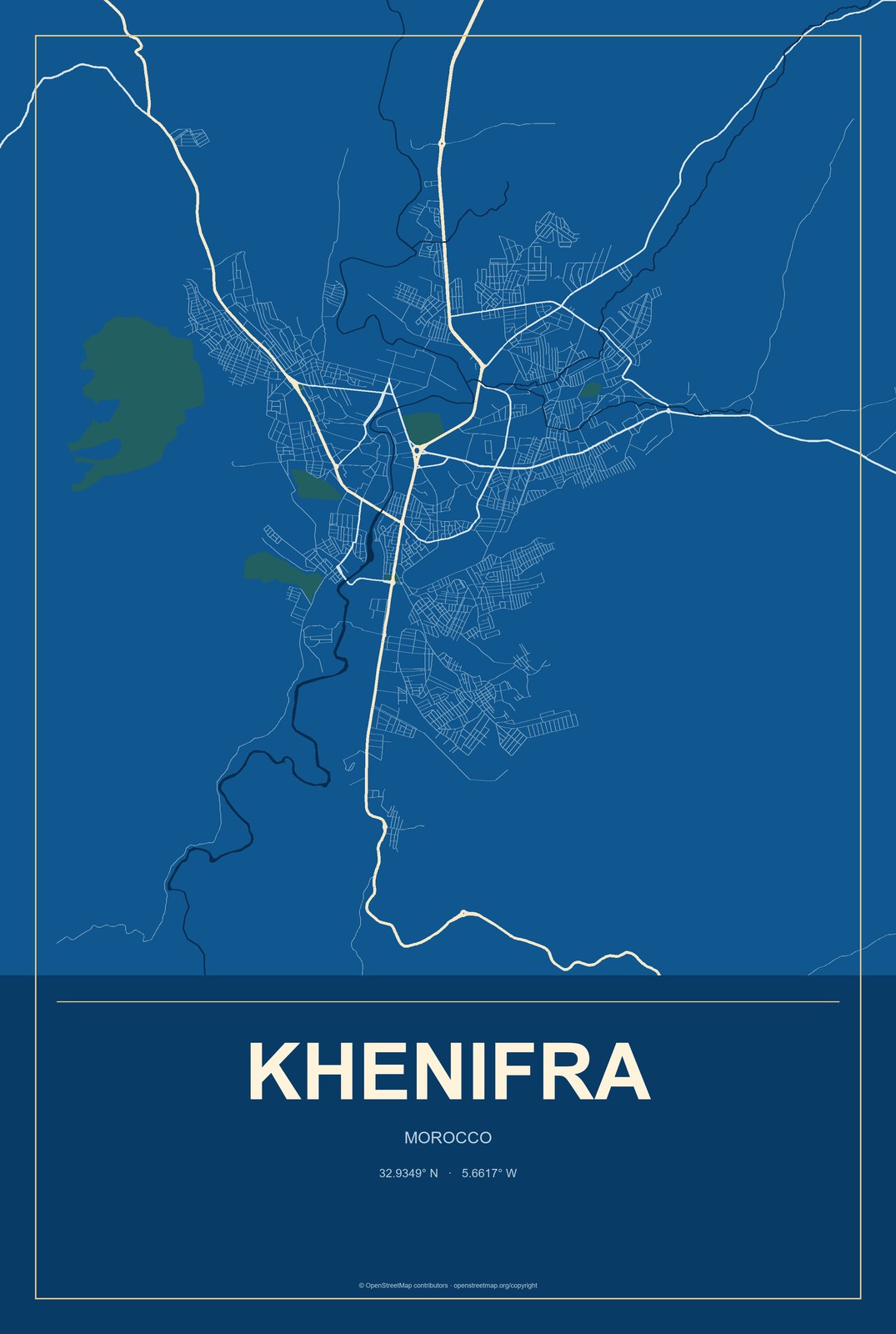 Khenifra, Morocco City Map Aluminum Sign in Harbor Cobalt style