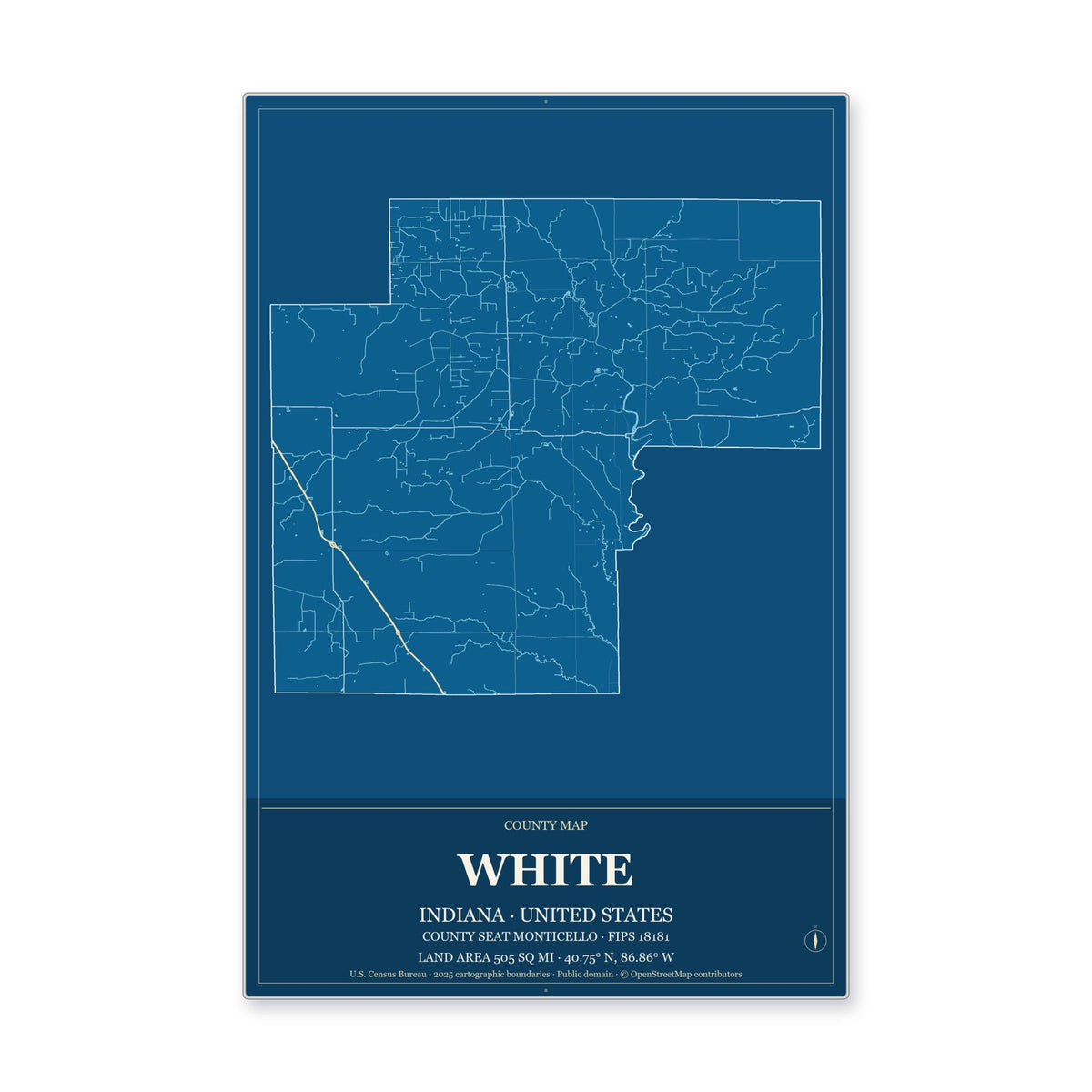 White County, Indiana Map Aluminum Sign in Harbor Cobalt style