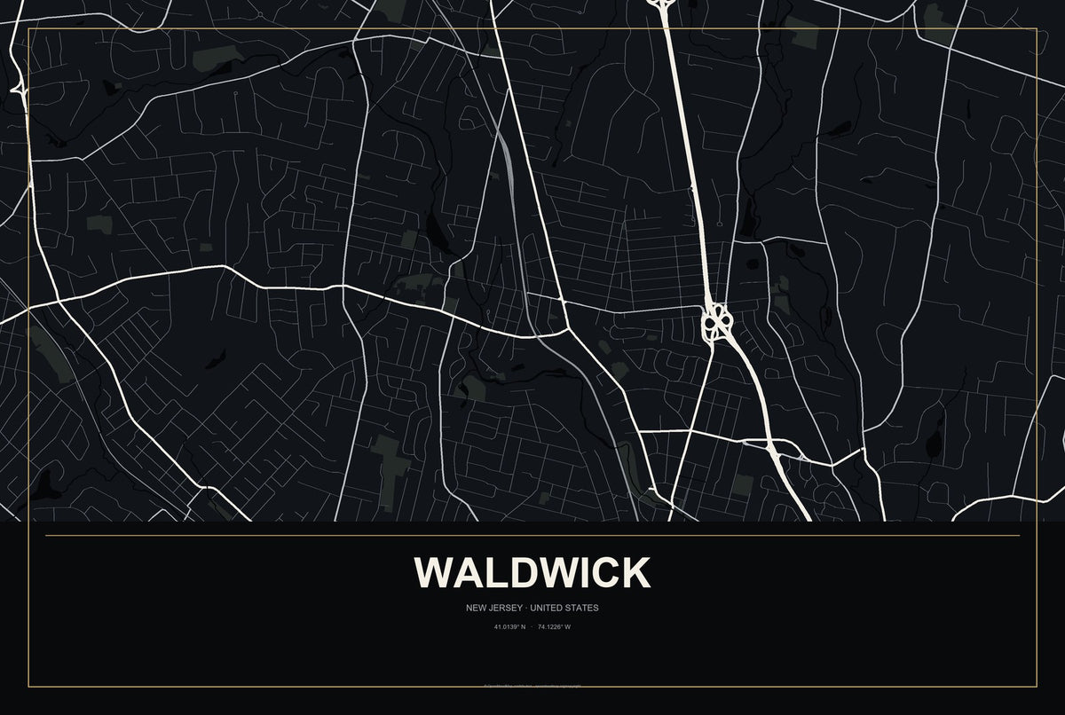 Waldwick, New Jersey City Map Aluminum Sign in Metropolitan Noir style