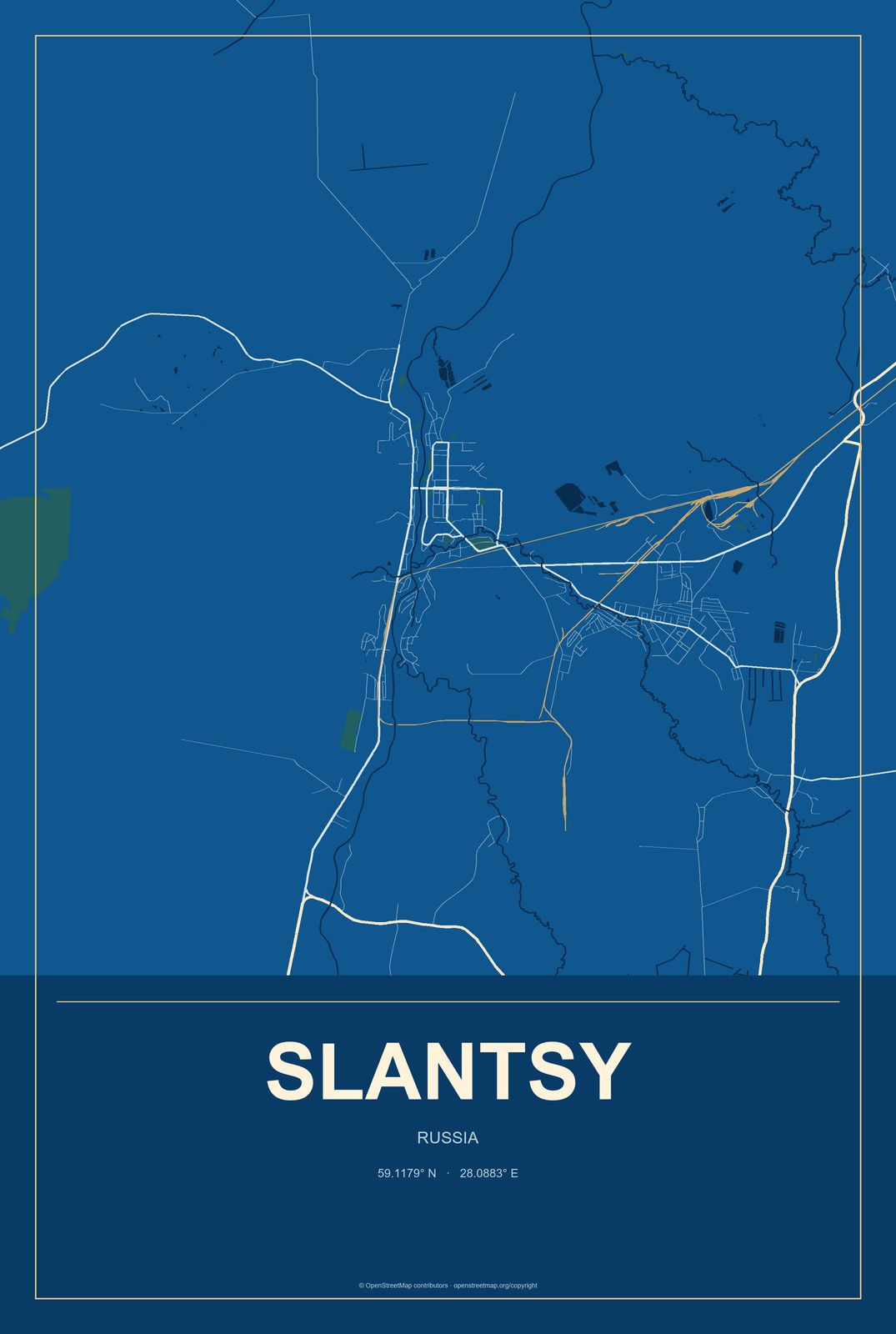 Slantsy, Russia City Map Aluminum Sign in Harbor Cobalt style