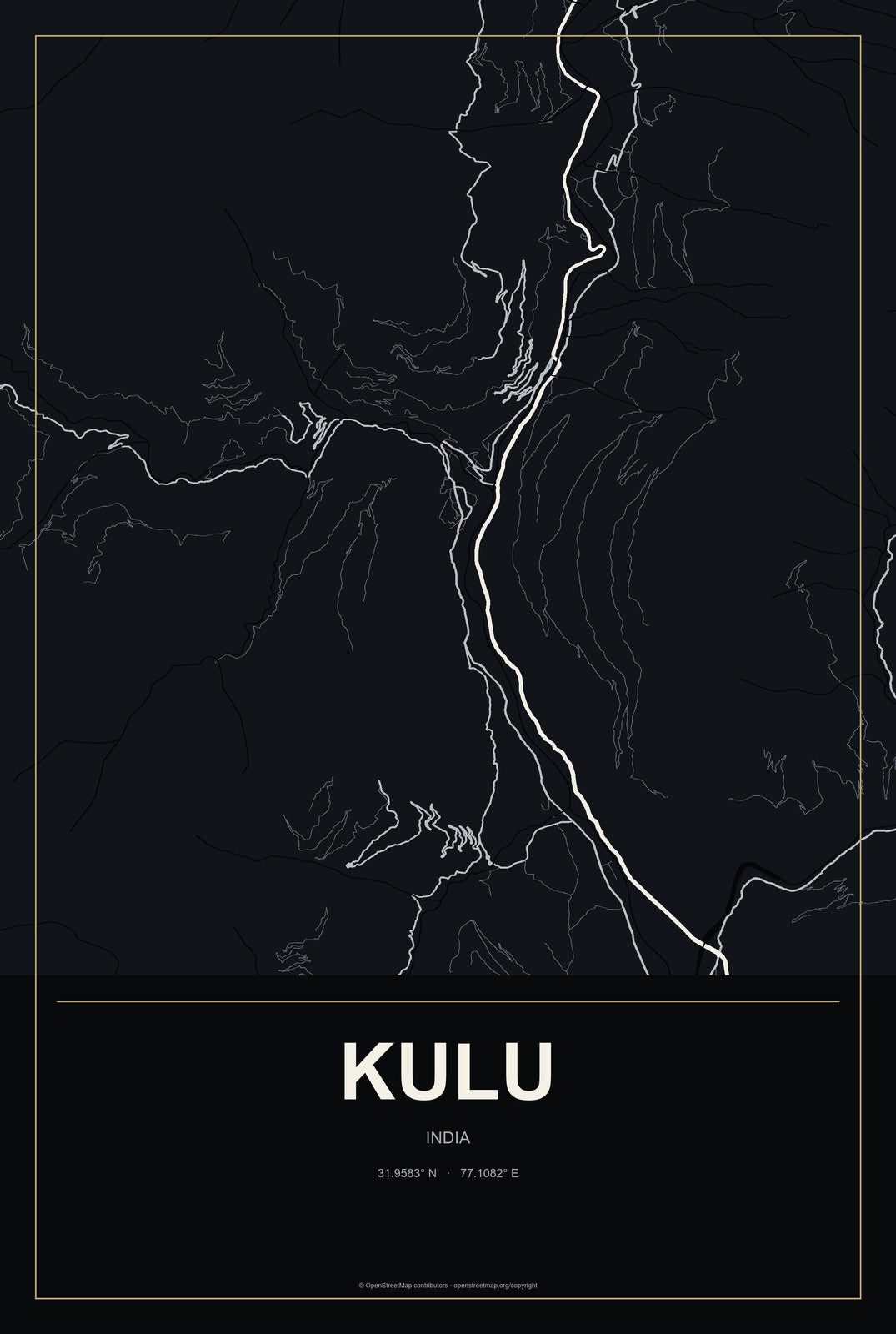 Kulu, India City Map Aluminum Sign in Metropolitan Noir style
