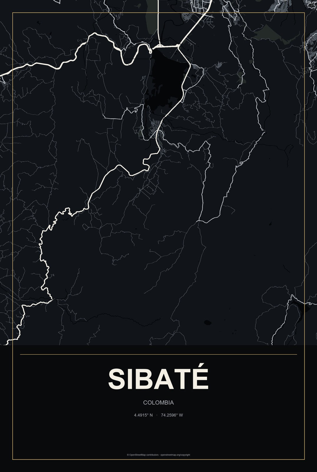 Sibaté, Colombia City Map Aluminum Sign in Metropolitan Noir style