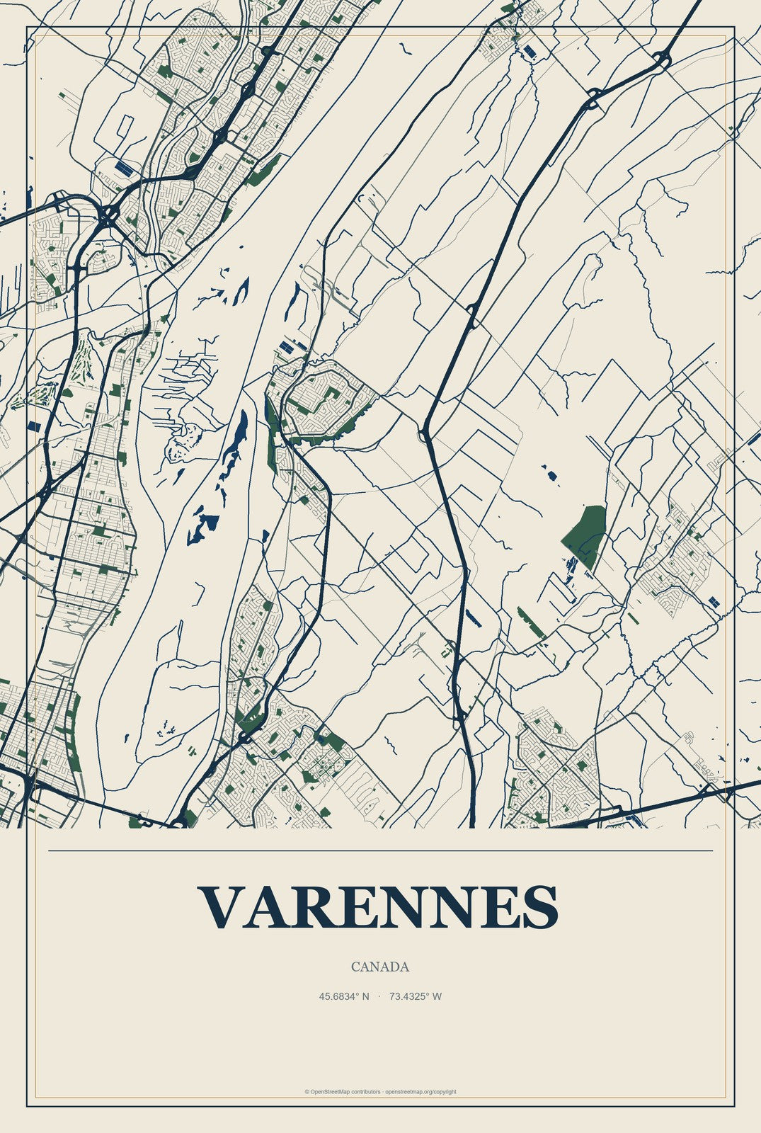 Varennes, Canada City Map Aluminum Sign in Coastal Cutout style