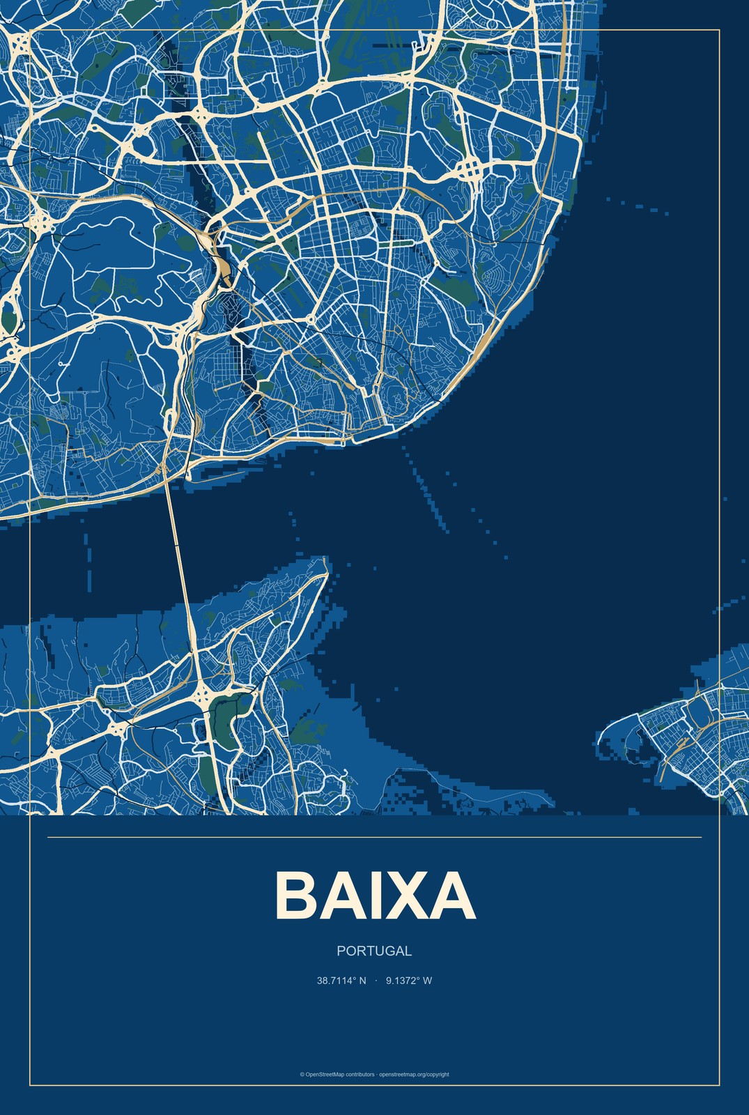 Baixa, Portugal City Map Aluminum Sign in Harbor Cobalt style