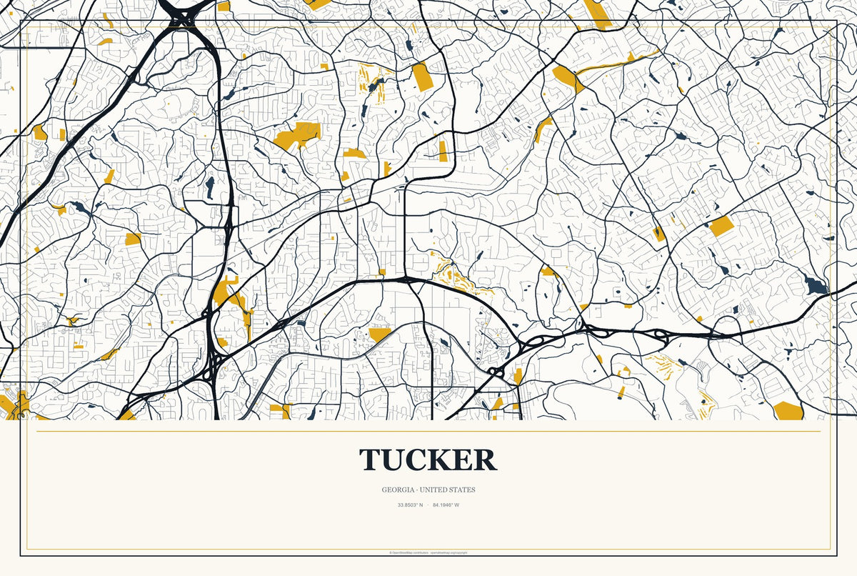Tucker, Georgia City Map Aluminum Sign in Citrine Modern style