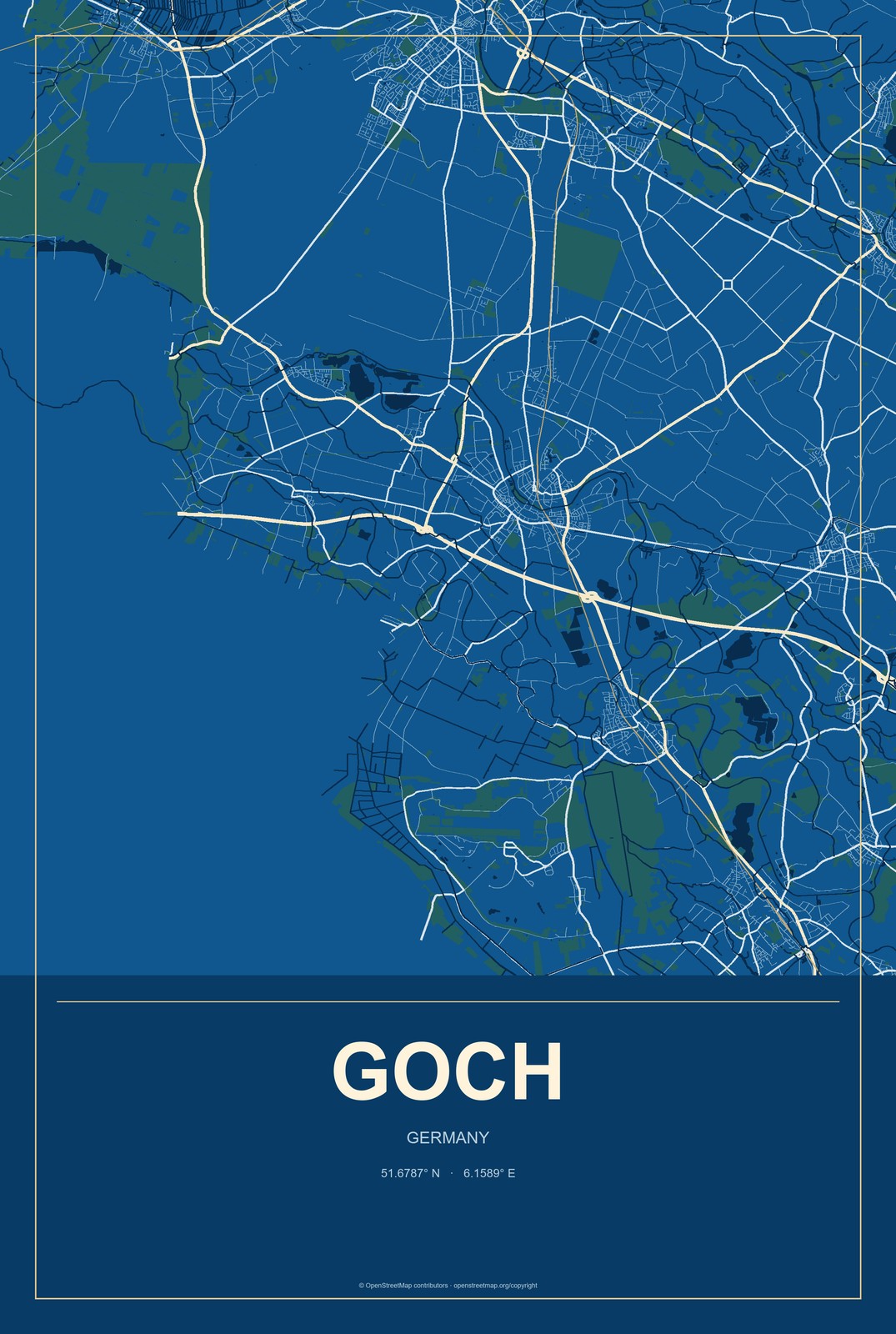 Goch, Germany City Map Aluminum Sign in Harbor Cobalt style