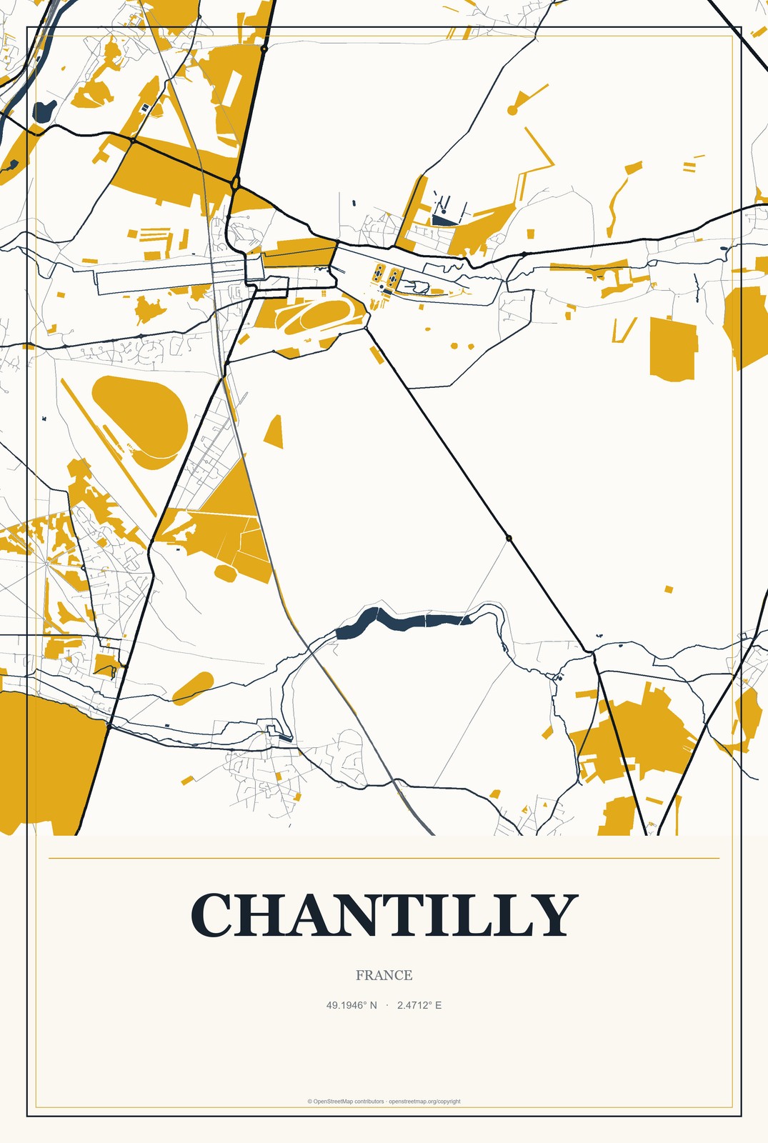 Chantilly, France City Map Aluminum Sign in Citrine Modern style