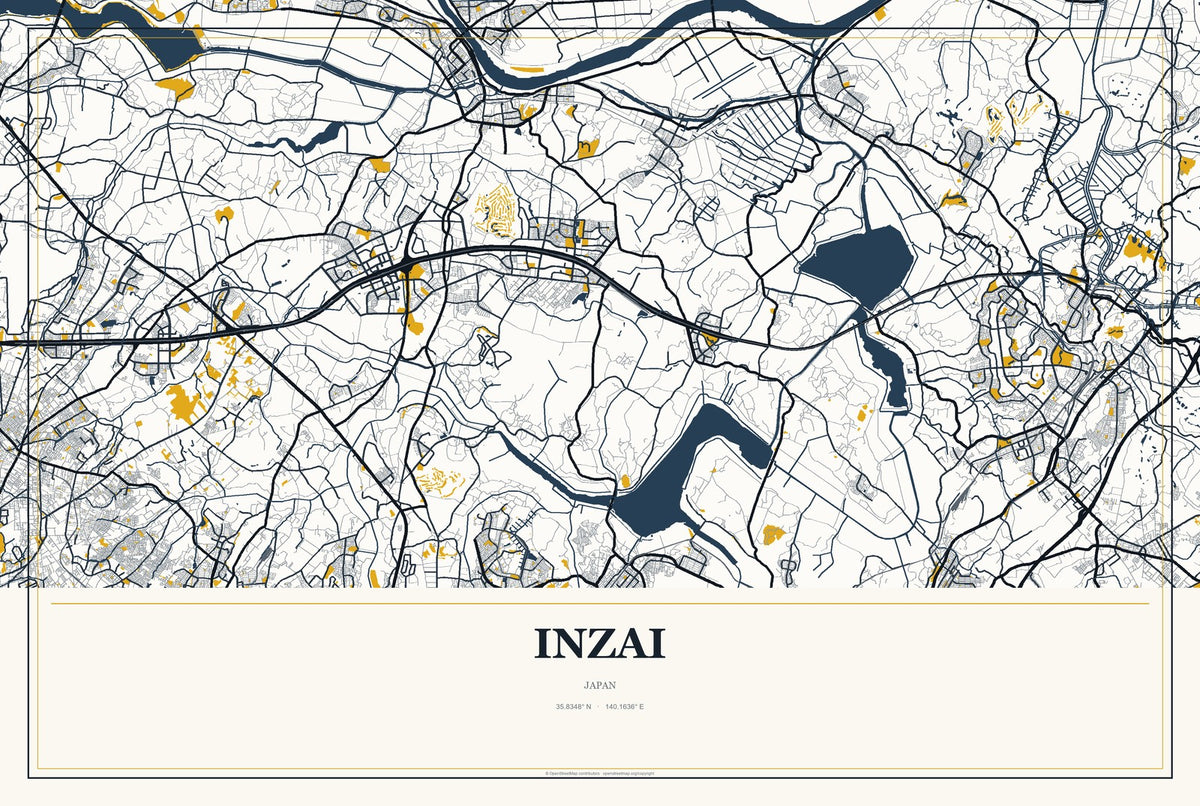 Inzai, Japan City Map Aluminum Sign in Citrine Modern style