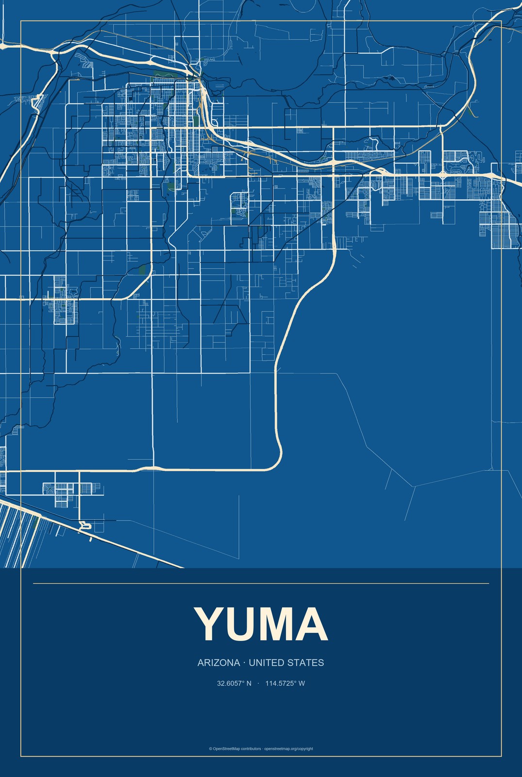Yuma, Arizona City Map Aluminum Sign in Harbor Cobalt style