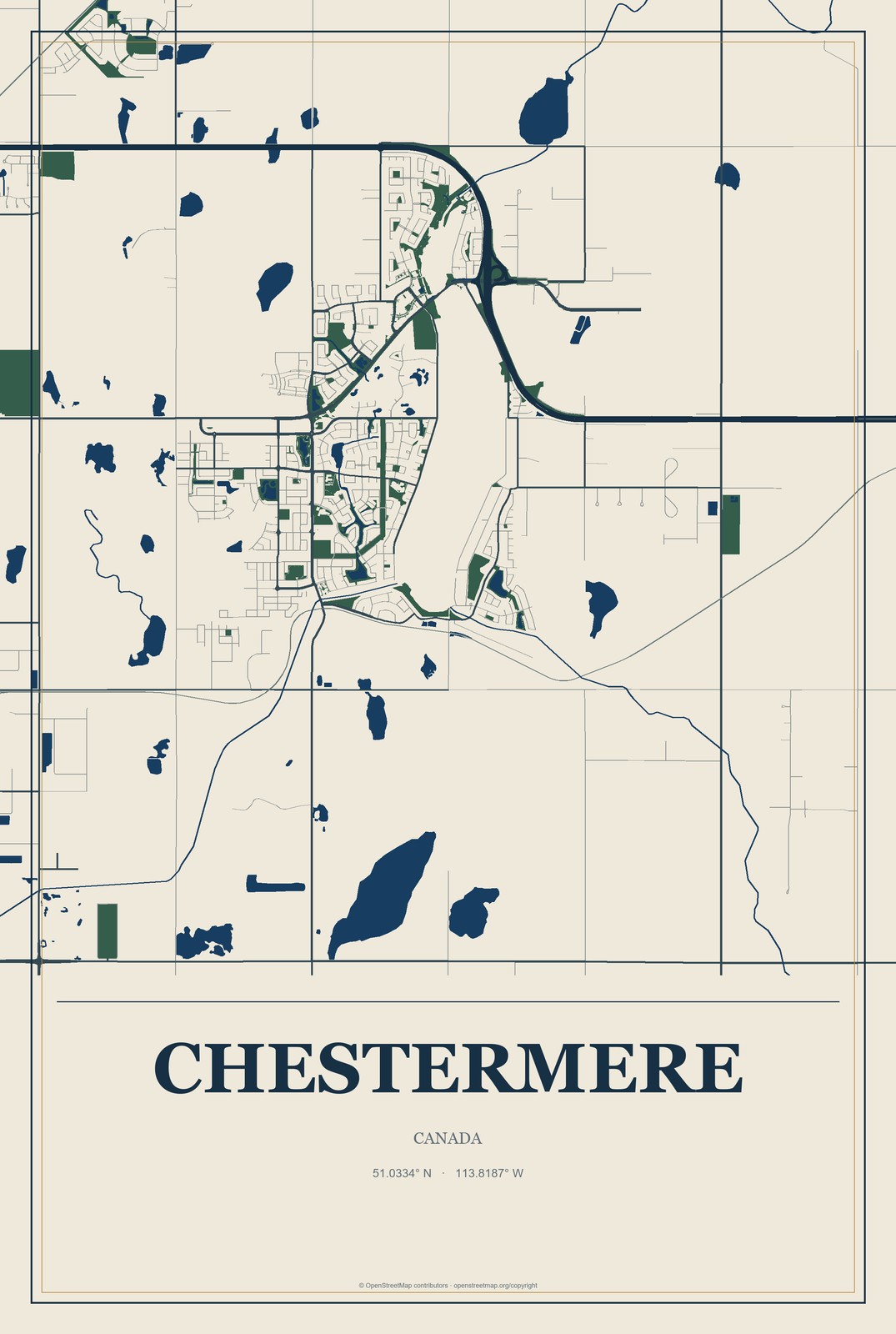 Chestermere, Canada City Map Aluminum Sign in Coastal Cutout style