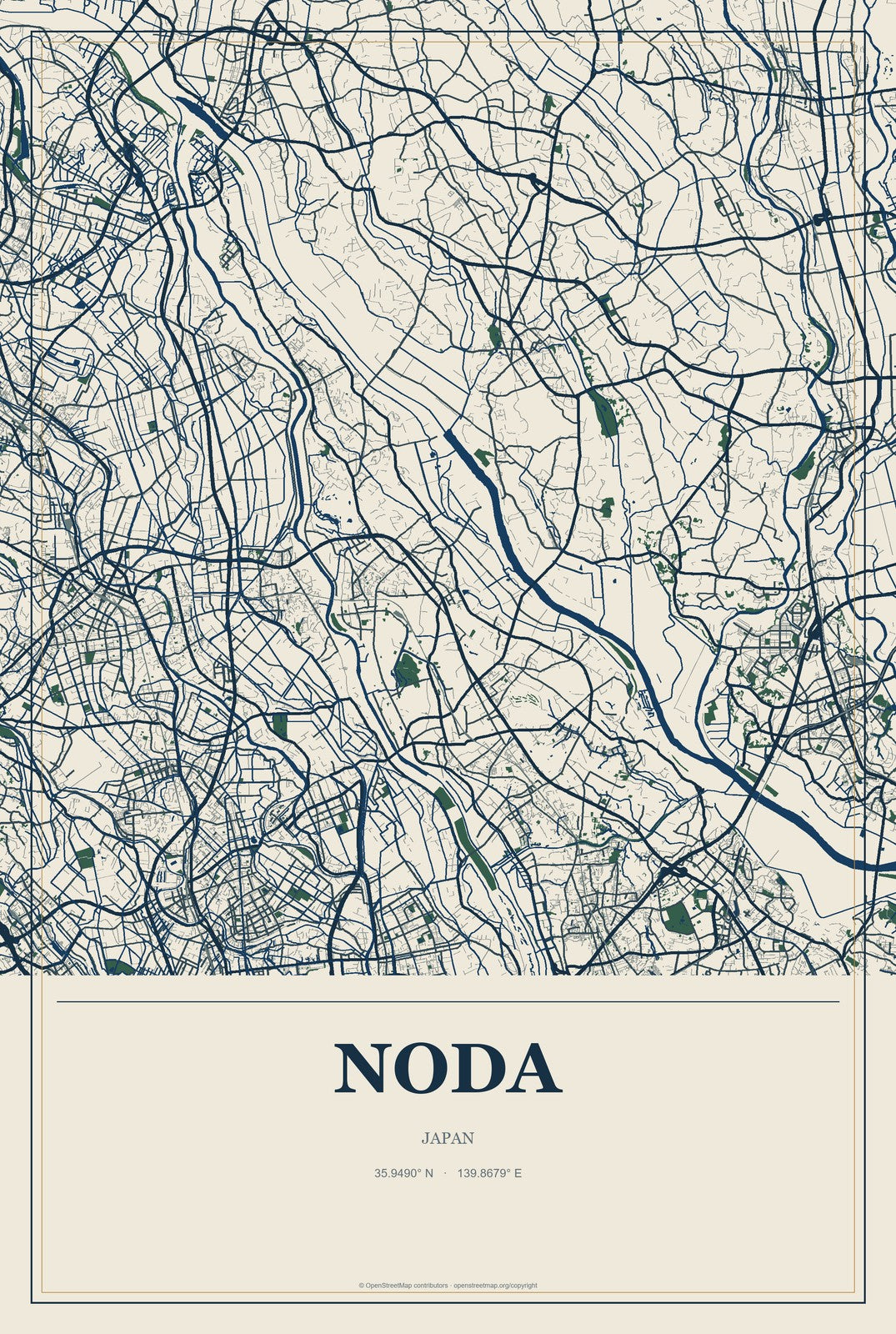 Noda, Japan City Map Aluminum Sign in Coastal Cutout style