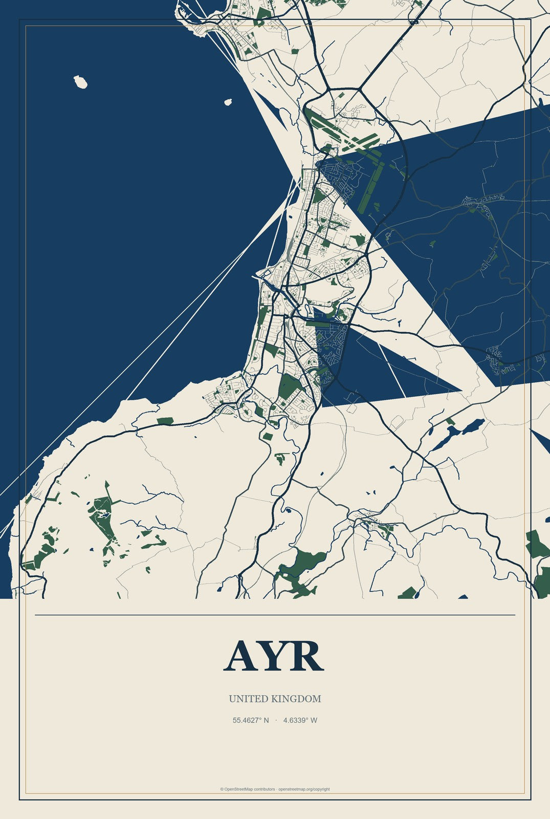 Ayr, United Kingdom City Map Aluminum Sign in Coastal Cutout style