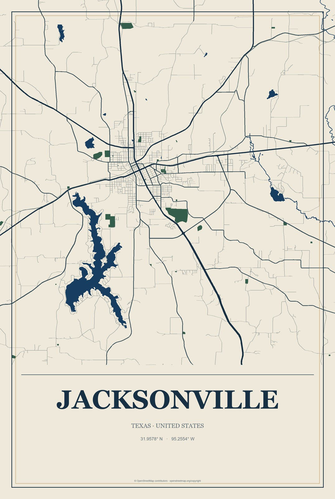 Jacksonville, Texas City Map Aluminum Sign in Coastal Cutout style