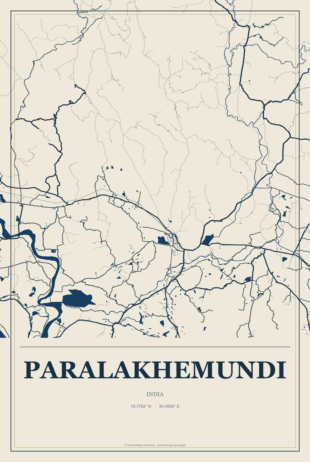 Paralakhemundi, India City Map Aluminum Sign in Coastal Cutout style