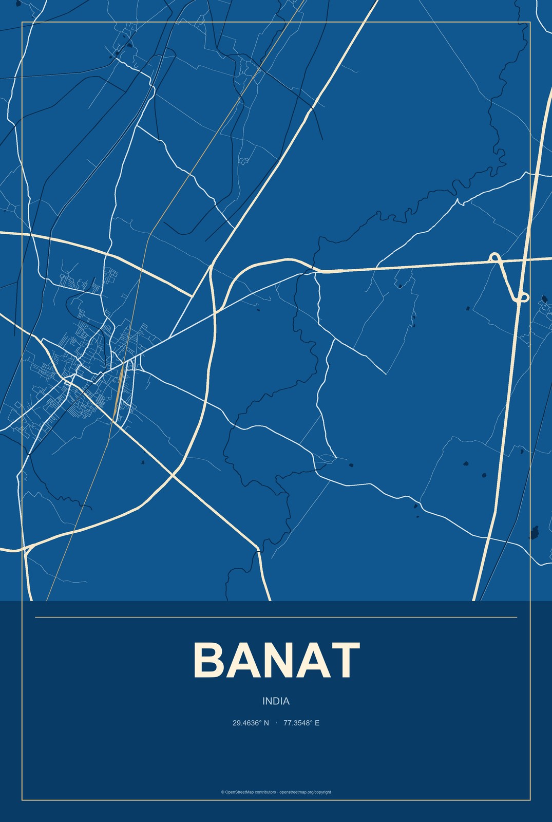 Banat, India City Map Aluminum Sign in Harbor Cobalt style